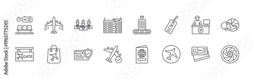 bundle of 16 editable thin line airline icons including lounge, gate, airplane, duty free, crew, card, departure, status, baggage. editable stroke vector illustration isolated on white
