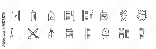 bundle of 16 editable thin line barbershop icons including mirror, razor blade, shampoo, scissors, shampoo, hair serum, comb, barbershop, comb. editable stroke vector illustration isolated on