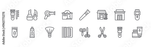 bundle of 16 editable thin line barbershop icons including hair clipper, hair clipper, shaving brush, shaving cream, hair dryer, shaving brush, barbershop, comb, makeup brush. editable