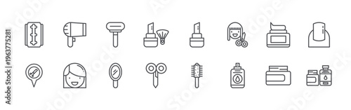 bundle of 16 editable thin line barbershop icons including razor blade, barbershop, hair dryer, woman, razor, mirror, shaving brush, scissors, shaving cream. editable stroke vector