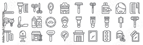 Set of 30 barbershop thin line editable web icons including razor blade, hair clipper, scissors, comb, salon chair, mustache, mirror, shaving brush and barber tools
