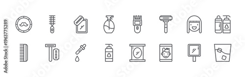 bundle of 16 editable thin line barbershop icons including mustache, comb, hair brush, razor, mirror, hair serum, hair spray, shaving cream, hair clipper. editable stroke vector