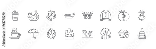 bundle of 16 editable thin line autumn icons including spice, hot tea, squirre, umbrella, falling leaves, pine cone, rowboat, campfire, monarch butterfly. editable stroke vector illustration