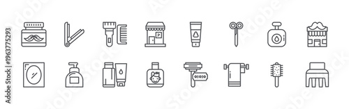 bundle of 16 editable thin line barbershop icons including shaving cream, mirror, hair straightener, shaving cream, hair clipper, shaving cream, barbershop, shampoo, editable stroke vector