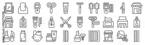 Set of 30 barbershop editable thin line icons including mirror, scissors, razor, comb, shaving cream, hair clipper, salon chair, brush, shampoo, haircut, and barber tools
