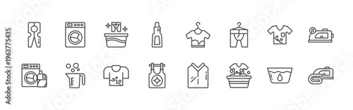 bundle of 16 editable thin line laundry icons including clothes pin, washing hine, washing hine, measuring cup, laundry bucket, tshirt, dish soap, undershirt, tshirt. editable