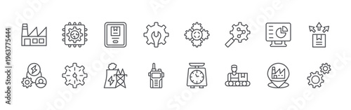 bundle of 16 editable thin line mass production icons including factory, resources, technology, efficiency, tracking, powerplant, maintenance, walkie talkie, continous. editable stroke vector