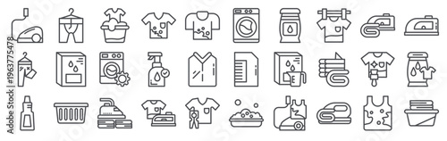 Set of 30 laundry and cleaning editable thin line vector icons including washing hine, iron, detergent, clothes, basket, and household care symbols