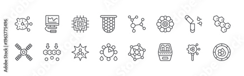 bundle of 16 editable thin line nano technology icons including nano, nano satellites, nano, nanofiltration, nacale, nanoparticle, molecular. editable stroke vector illustration isolated on