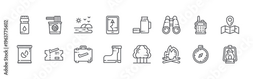 bundle of 16 editable thin line adventure icons including tumbler, snacks, instant noodles, ticket, beach, suitcase, , boots, thermos. editable stroke vector illustration isolated on white