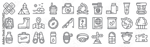Set of 30 adventure travel editable thin line vector icons including passport, suitcase, backpack, compass, map, tent, rope, walkie talkie, binoculars, camping gear