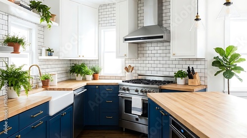 Beautifully designed kitchen with navy blue cabinets, butcher block countertops, and white subway tile backsplash