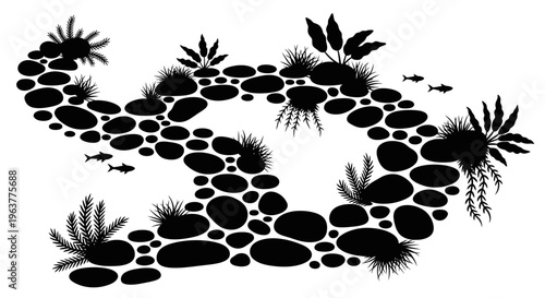 Black silhouette of winding stone pathway.