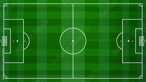 An aerial view showcases a vibrant green soccer field marked with crisp white lines including goals center circle and penalty areas high quality professional detailed modern