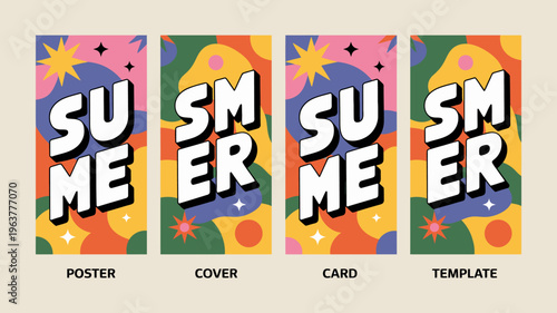 A vibrant set of four social media templates displays the word summer in bold lettering against abstract colorful backgrounds high quality professional detailed modern elegant stylish