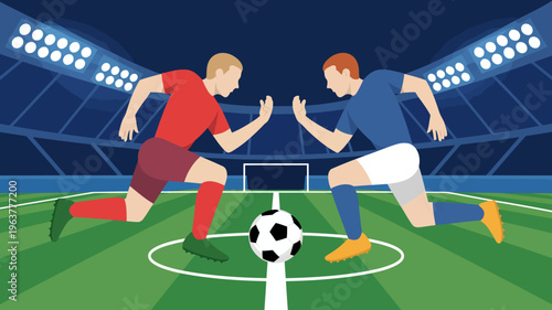 A digital illustration depicts two soccer players in opposing team colors preparing to compete for a soccer ball on a field high quality professional detailed modern