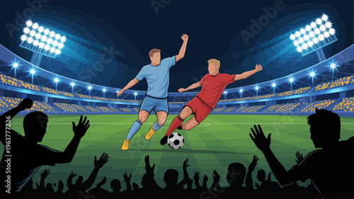 A dynamic illustration depicts two soccer players in mid action on a brightly lit field facing off during a competitive match with a crowd high quality