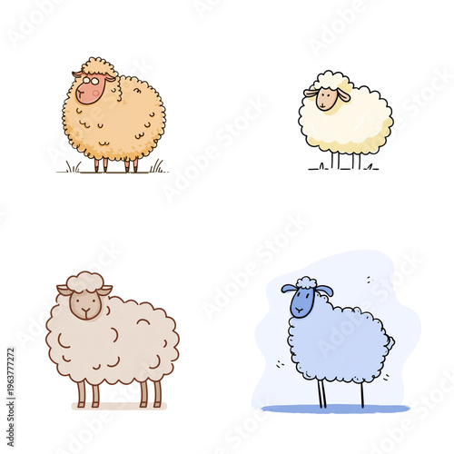 Fluffy sheep before shearing in various colors and styles  