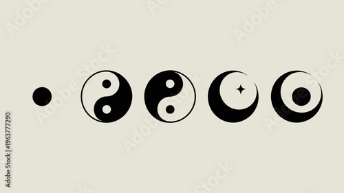 A series of black and white circular symbols evolving from a simple dot to a crescent moon representing balance high quality professional detailed modern elegant stylish