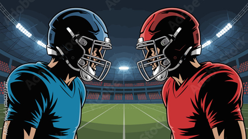 A dynamic illustration depicts two american football players facing off helmets nearly touching set against a stadium backdrop high quality professional detailed modern elegant stylish clean