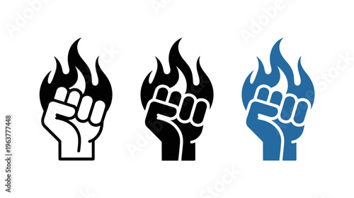 Three variations of a clenched fist engulfed in flames are displayed showcasing different color schemes and outlines high quality professional detailed modern elegant stylish clean crisp