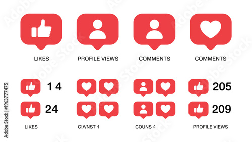 A collection of social media icons and metrics are displayed including likes profile views comments and associated numerical counts high quality professional detailed modern elegant stylish