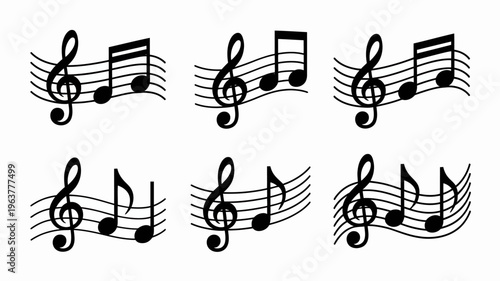 A collection of black musical notes and clef symbols are arranged in a grid like pattern against a clean white background high quality professional detailed modern