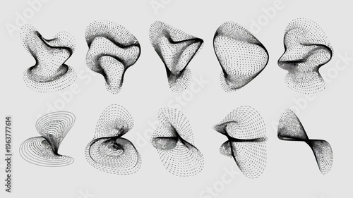 An abstract composition displays nine swirling organic forms rendered in a dot based grayscale aesthetic evoking fluid motion high quality professional detailed modern elegant stylish clean