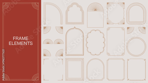 A collection of ornate geometric frame elements in a muted terracotta and beige color scheme showcasing various arch and decorative border designs high quality professional detailed