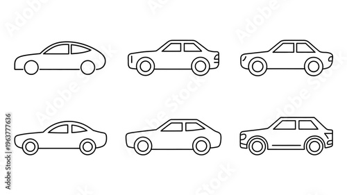 A collection of six minimalist black and white line drawing illustrations depicting different styles of passenger automobiles high quality professional detailed modern elegant stylish clean crisp