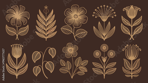 A collection of delicately drawn floral illustrations in shades of brown featuring various botanical shapes and line art details high quality professional detailed modern elegant stylish