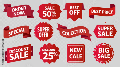 A collection of vibrant red promotional banners and labels advertise sales discounts and special offers with various designs high quality professional detailed modern elegant stylish clean