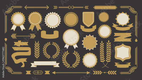 A collection of golden badges ribbons and decorative laurel wreaths are arranged on a dark background showcasing vintage design elements high quality professional detailed modern elegant