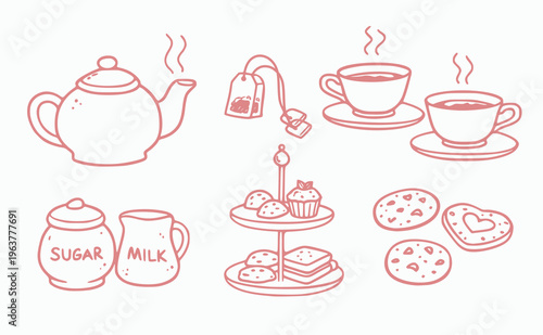 Hand Drawn Tea Time Set Illustration with Teapot, Cups, and Snacks
