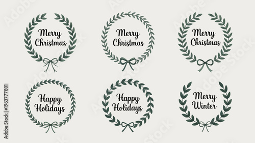 A collection of six festive wreaths displaying christmas and holiday greetings with elegant calligraphy and bow details high quality professional detailed modern stylish clean crisp vibrant