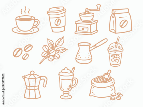 Coffee doodle set hand drawn line art collection of coffee tools and drinks