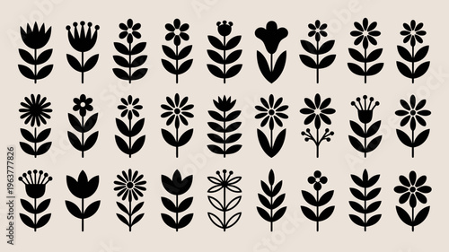 A collection of minimalist black floral silhouettes are arranged in neat rows showcasing diverse botanical forms and elegant simplicity high quality professional detailed modern stylish clean