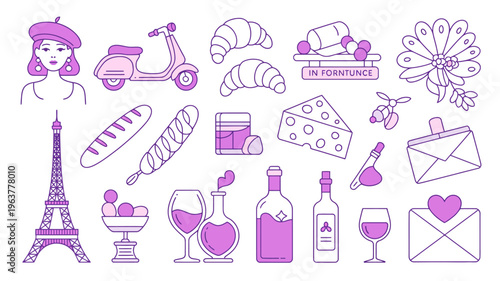A collection of charming linear illustrations depicts iconic symbols of parisian culture including food landmarks and romantic elements high quality professional detailed modern elegant stylish clean