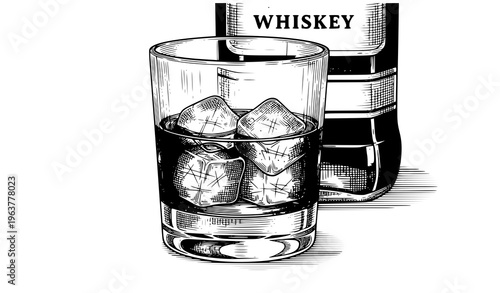 Whiskey Glass with Ice Vintage Sketch Bar Drink Vector Illustration