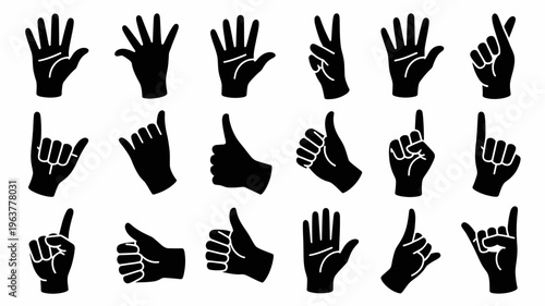 A collection of various black silhouette hand gestures is displayed against a clean white background showcasing different signs high quality professional detailed modern elegant stylish crisp