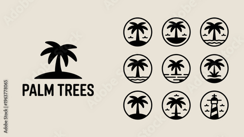 A collection of stylized black palm tree icons and illustrations are displayed including some with islands waves and a lighthouse high quality professional detailed modern elegant