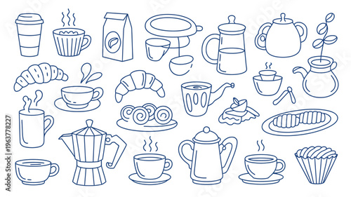 A blue line drawing showcases various coffee and pastry items including cups teapots croissants and cookies arranged in a playful pattern high quality professional detailed modern