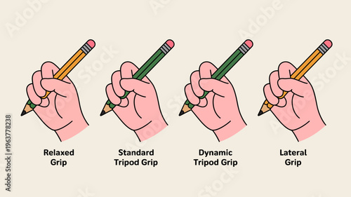Illustration depicting four different hand grips for holding a pencil labeled as relaxed standard dynamic and lateral high quality professional detailed modern elegant stylish clean crisp