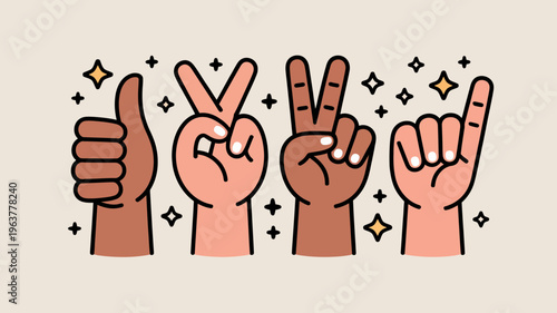 An illustration displays four diverse hands making different gestures a thumbs up peace sign three fingers and a pointing finger high quality professional detailed modern elegant