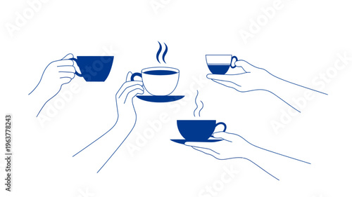 A minimalist illustration depicts four hands each holding a steaming cup of tea or coffee presented in a simple blue and white aesthetic high quality professional