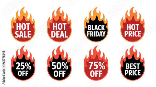 A collection of circular sale badges with flame designs advertising discounts and promotional offers like hot sale and black friday high quality professional detailed modern elegant