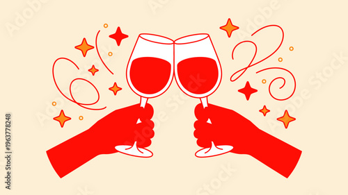 Two hands clink wine glasses filled with red liquid adorned with sparkling stars and swirling lines creating a festive atmosphere high quality professional detailed modern elegant