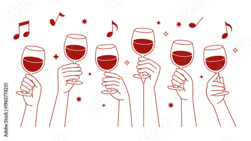 A stylized illustration depicts multiple hands raising red wine glasses in a cheerful toast accompanied by floating musical notes high quality professional detailed modern elegant stylish