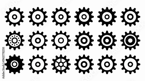 A collection of black and white gear icons are displayed in a grid arrangement showcasing various designs and detailing high quality professional detailed modern elegant stylish