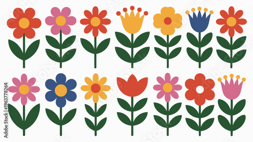A cheerful arrangement of colorful stylized flowers with simple shapes and green stems is displayed against a clean white background high quality professional detailed modern elegant